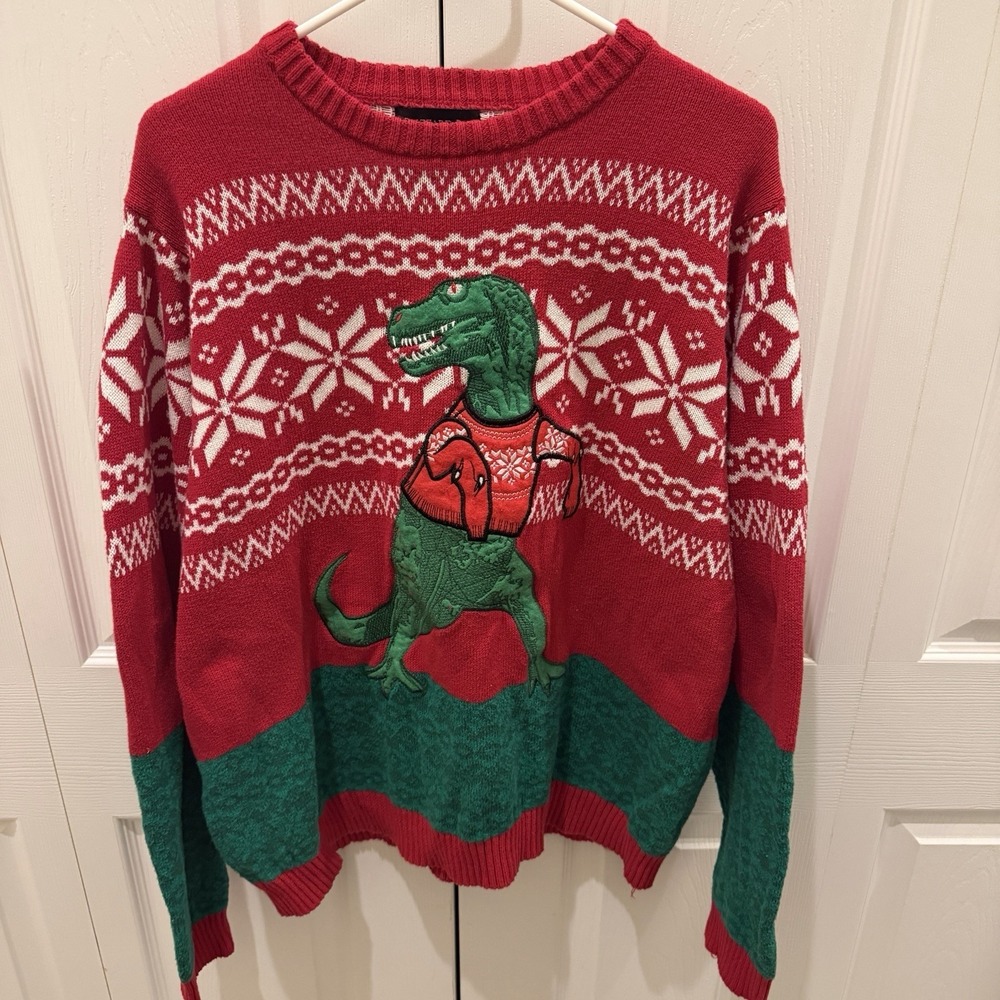 Blizzard Bay Ugly Christmas Sweater T-Rex Dinosaur Red Green Men's XXL Cotton